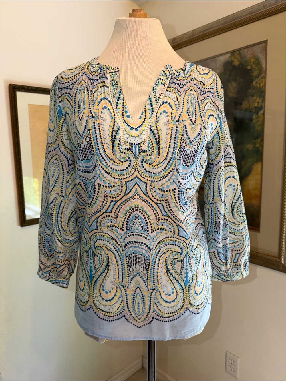 Talbots Pin Tuck Popover Dotted Blue Paisley Tunic Size XS